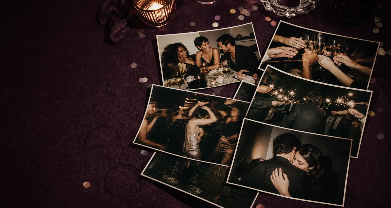 Candid celebration photographs spread across a table after an event