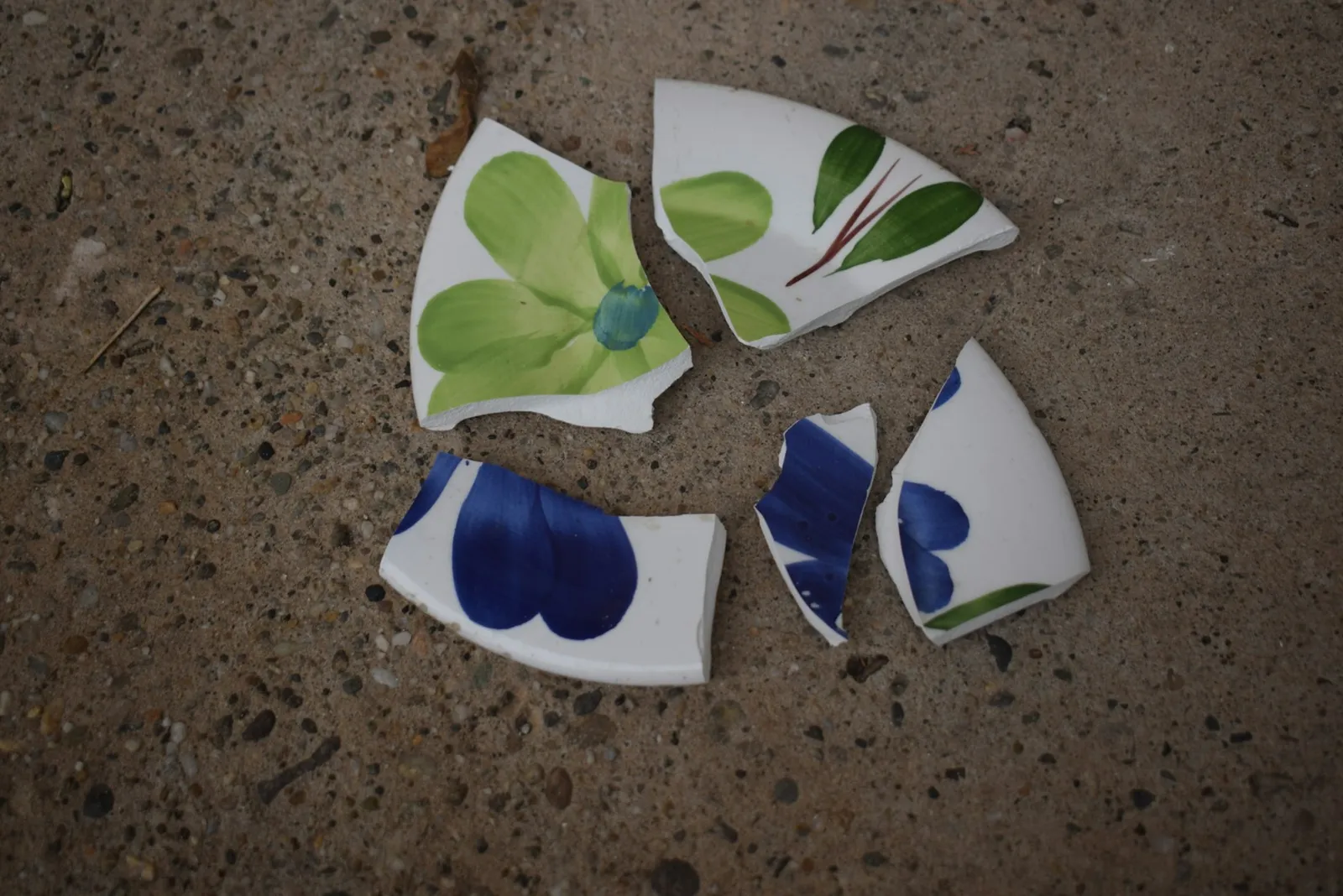 Broken pieces of floral-patterned porcelain on a concrete floor